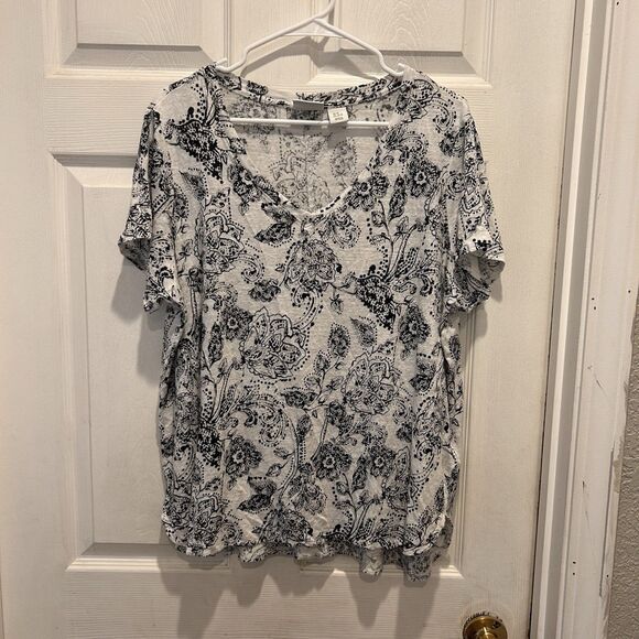 RACHEL ZOE‎ 100% LINEN Black White Floral Print Pullover Blouse Size 2X Beachy - Picture 1 of 5